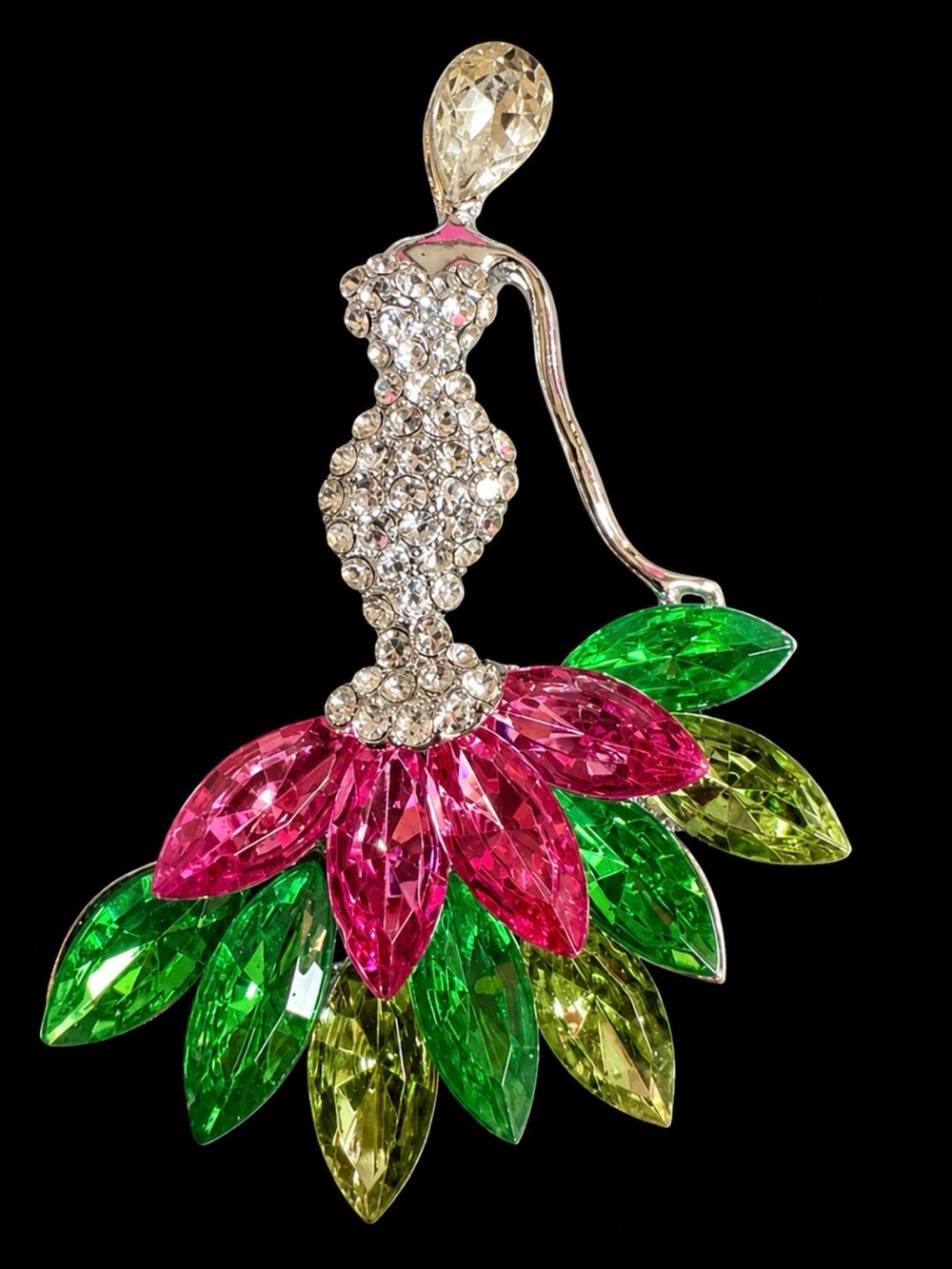 Pink and Green Crystal Floral Dress Brooch - Unbranded